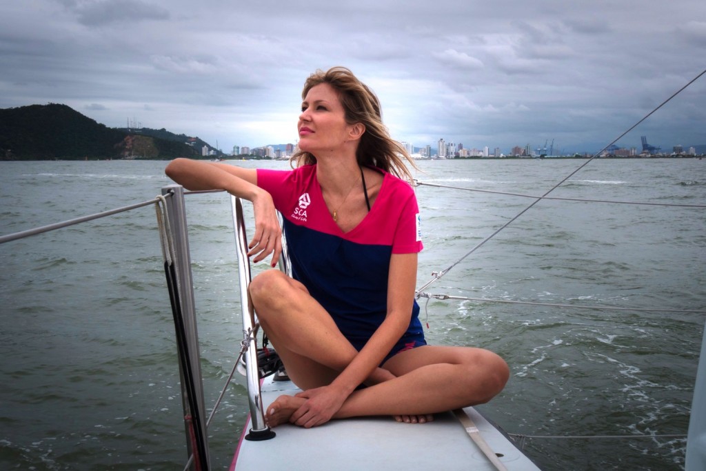 April 19, 2015. Start of Leg 6 to Newport onboard Team SCA. Brazilian model and TV presenter Ellen Jabour, Leg jumper.